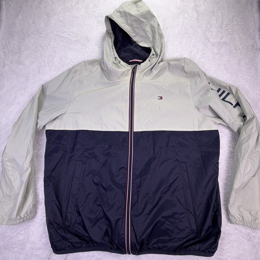Tommy Hilfiger Men's XXL Color-Block Hooded Rain Slicker‎ Jacket Navy/Cream